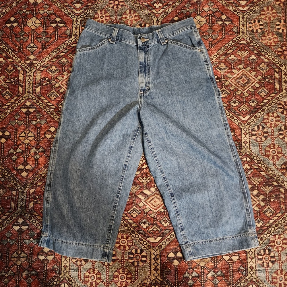 Riveted By Lee Women 12M Blue Denim Carpenter Capris Wide Leg Utility Crop Pants